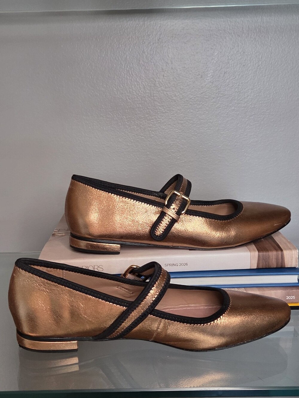 Maeve Metallic Copper Mary Jane Flats with Black Trim and Buckle